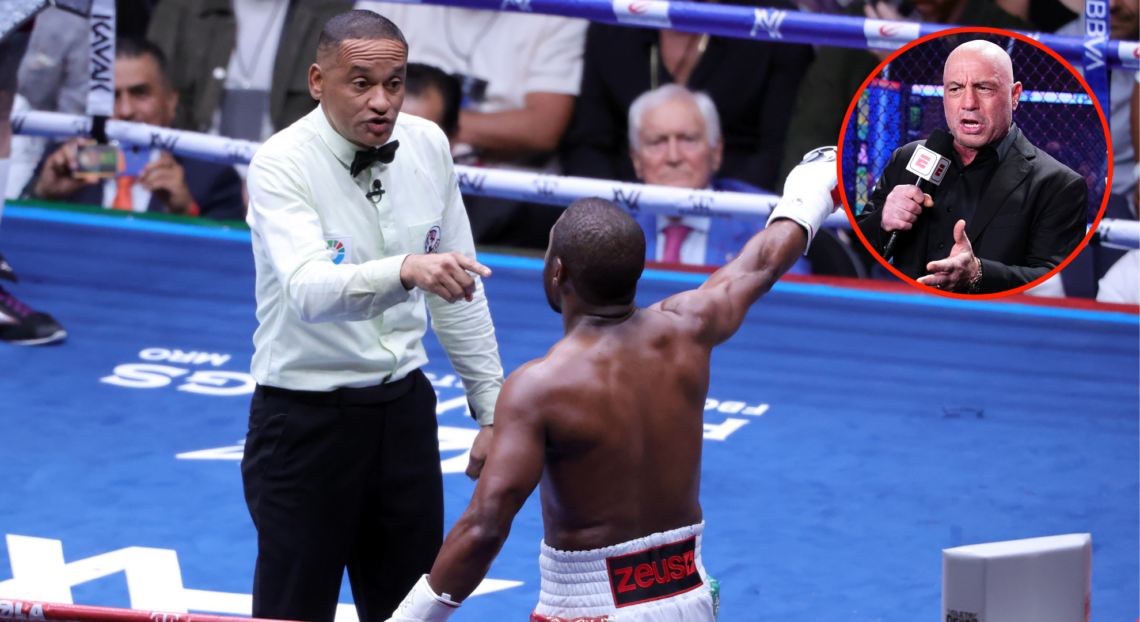 Main photo shows Floyd Mayweather speaking to a referee. Bubble shows Joe Rogan