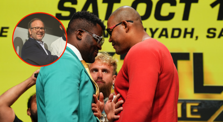 Main photo shows Francis Ngannou and Renan Ferreira facing off. Bubble shows PFL founder Donn Davis