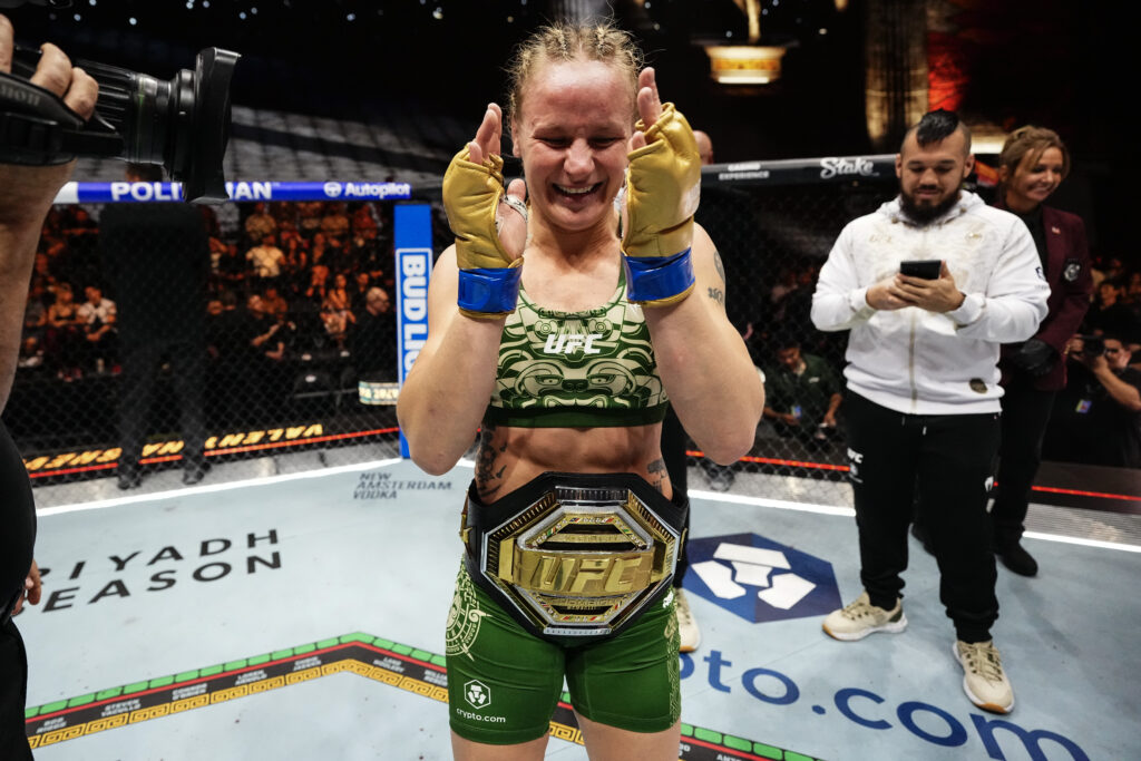 Valentina Shevchenko celebrates her title win over Alexa Grasso at UFC 306.