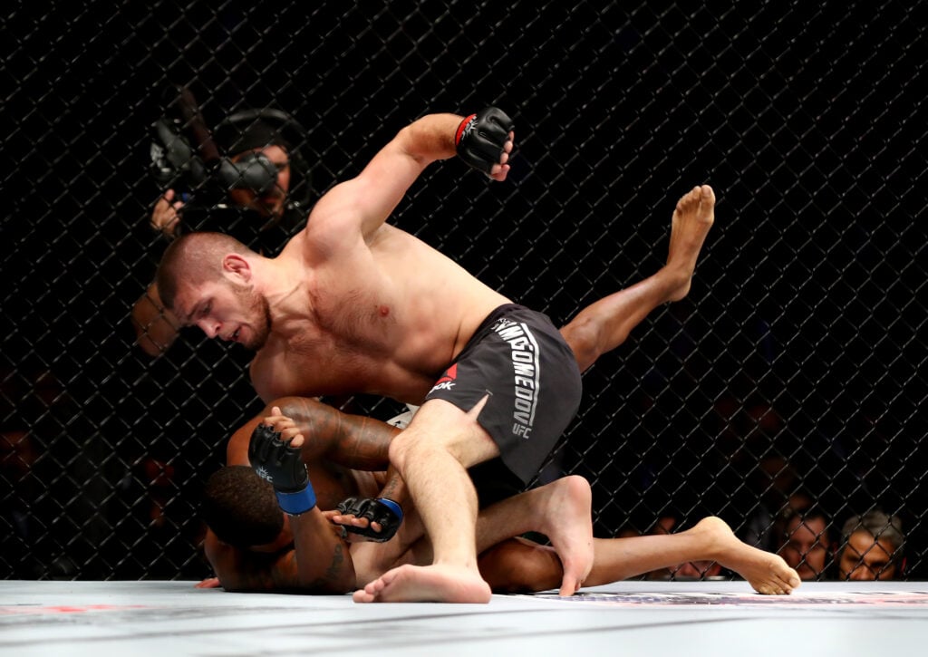 Khabib Nurmagomedov punches Michael Johnson on the ground at UFC 205