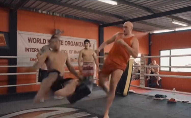Tyson Fury throwing a kick during an Instagram skit