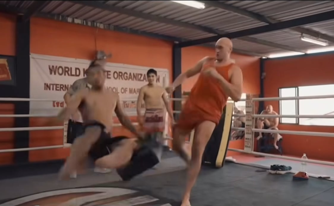 Tyson Fury throwing a kick during an Instagram skit
