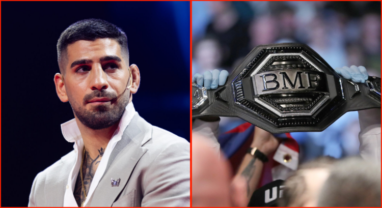 Side by side of Ilia Topuria at the Madrid Photocall and the BMF title being held at UFC 261