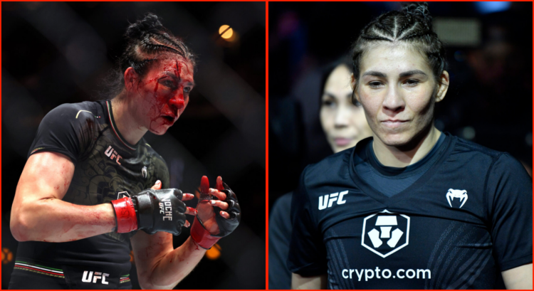Side by side of Irene Aldana at UFC 306 and at UFC 264