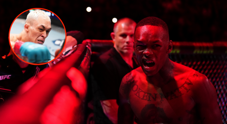 Israel Adesanya moments before his UFC 305 main event (right) with a pop out image of Navajo Stirling (left)