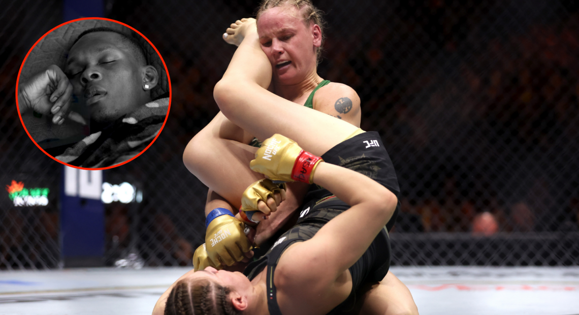 Israel Adesanya (left) falls asleep during UFC 306 co-main event (right)