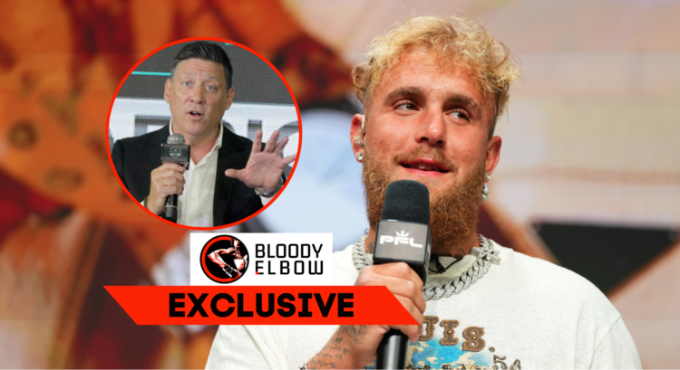 Main photo shows Jake Paul with a PFL microphone. Bubble shows PFL CEO Peter Murray. Overlay text reads: 'BLOODY ELBOW EXCLUSIVE'