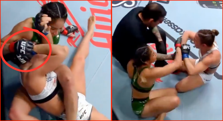 Composite image seeming to show Jaqueline Amorim cheating by grabbing Vanessa Demopoulos' glove