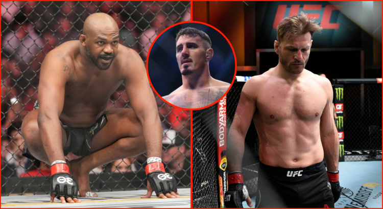 Left pic shows Jon Jones at UFC 285, Right pic shows Stipe Miocic and middle pic shows Tom Aspinall