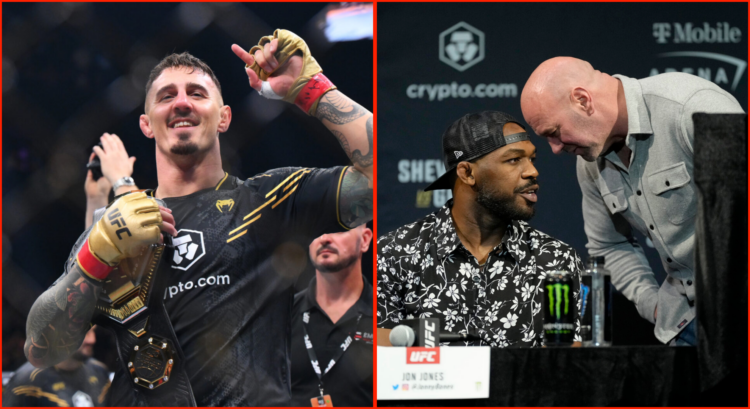 Side by side of Tom Aspinall at UFC 304, Jon Jones and Dana White at UFC 285