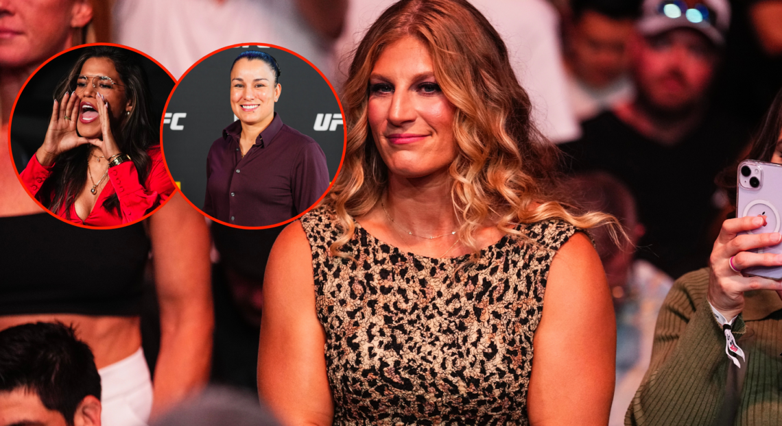 Kayla Harrison in attendance for UFC 303 with pop out images of Julianna Pena and Raquel Pennington