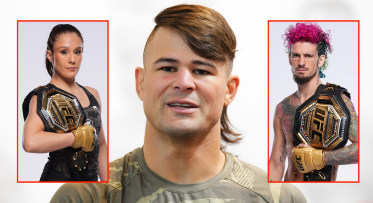Pop out of Diego Lopes at UFC 306 open workouts, Alexa Grasso and Sean O'Malley fighter portraits