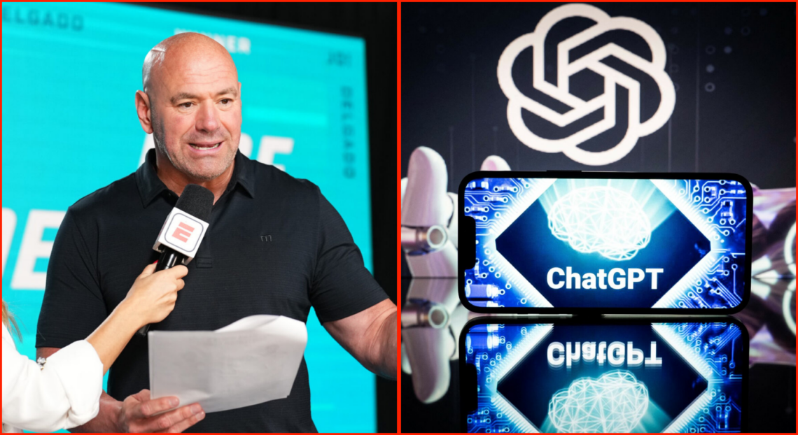 Split of Dana White at DWCS and Chat GPT logo on a phone screen