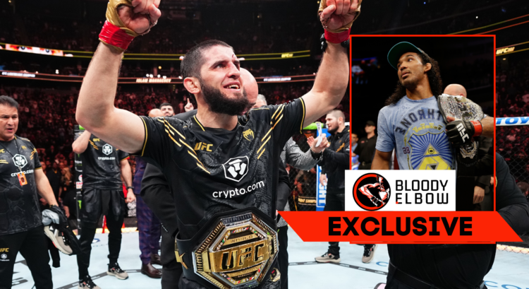 Main photo shows Islam Makhachev with his UFC title. Block image shows Benson Henderson with his UFC belt