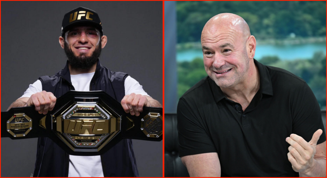 Side by side of Islam Makhachev with the 155lb belt and Dana White on Good Day New York