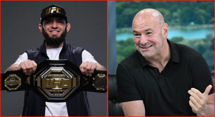 Side by side of Islam Makhachev with the 155lb belt and Dana White on Good Day New York