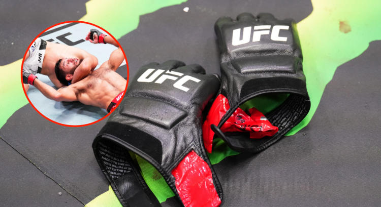 Main photo shows a pair of UFC gloves on the mat. Bubble shows Matt Schnell being submitted by Cody Durden