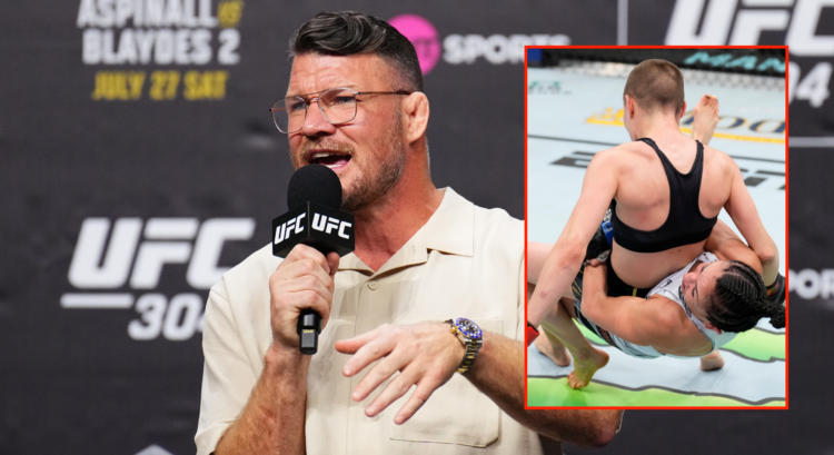 Michael Bisping talking at the UFC 304 ceremonial weigh-ins with a pop out image of Rose Namajunas and Carla Esparza