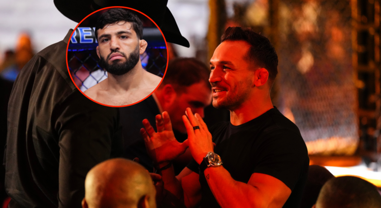 Michael Chandler at UFC 306 (right) with a pop out image of Arman Tsarukyan (left)