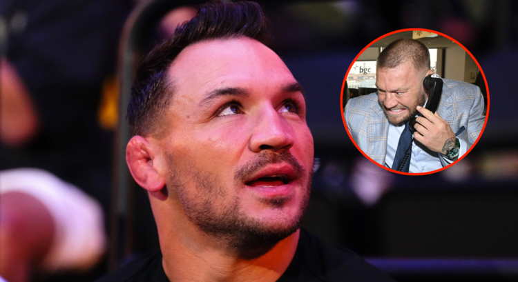 Michael Chandler in attendance at UFC 306 (left) with a pop out image of Conor McGregor (right)