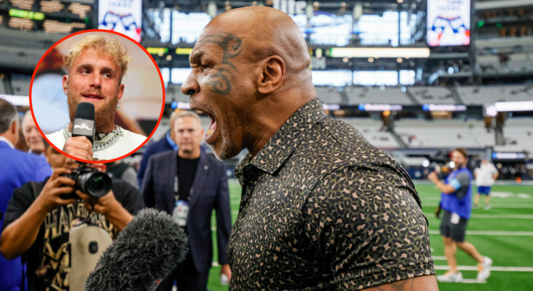 Main photo shows Mike Tyson shouting into a microphone. Bubble shows Jake Paul