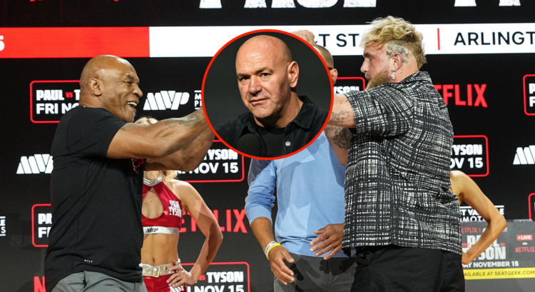 Main photo shows Mike Tyson and Jake Paul facing off. Bubble shows UFC CEO Dana White