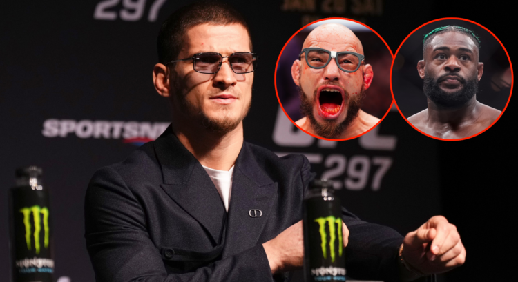 Movsar Evloev at the UFC 297 press conference (left) with pop out images of Jean Silva and Aljamain Sterling