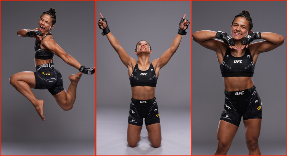 Three split images of Natalia Silva after her win at UFC Vegas 97