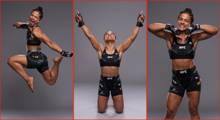 Three split images of Natalia Silva after her win at UFC Vegas 97