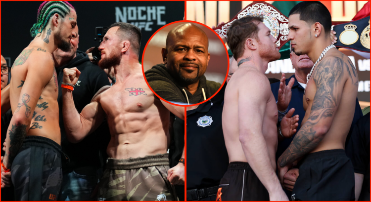 Composite image Left pic shows Sean O'Malley and Merab Dvalishvili facing off Right pic shows Canelo Alvarez and Edgar Berlanga facing off Bubble s...