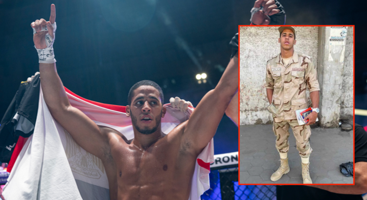 Main photo shows Omar El Dafrawy after winning at PFL MENA 2. Block photo shows him in military gear