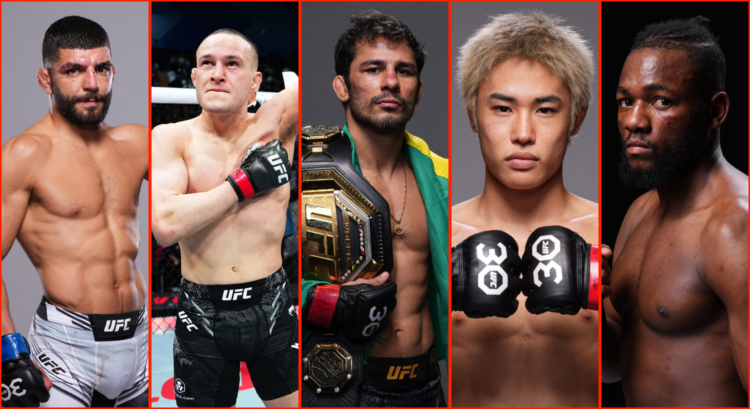 Side by side of UFC flyweights Amir Albazi, Kai Kara-France, Alexandre Pantoja, Tatsuro Taira, and Manel Kape