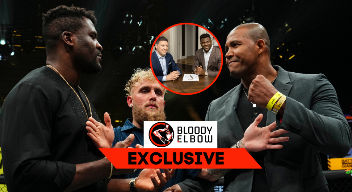 Main photo shows Francis Ngannou and Renan Ferreira facing off with Jake Paul between them. Bubble shows Francis Ngannou and Peter Murray. Overlay ...