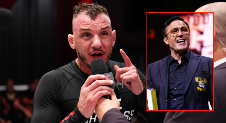 Renato Moicano (left) following his grappling win over Cristian Guzman with a pop out of Chael Sonnen (right)