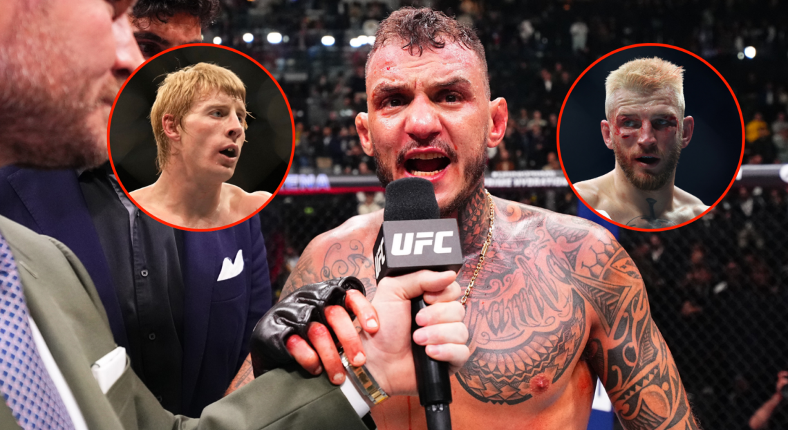 Main photo shows Renato Moicano on the microphone after UFC Paris. Left bubble shows Paddy Pimblett. Right bubble shows Dan Hooker