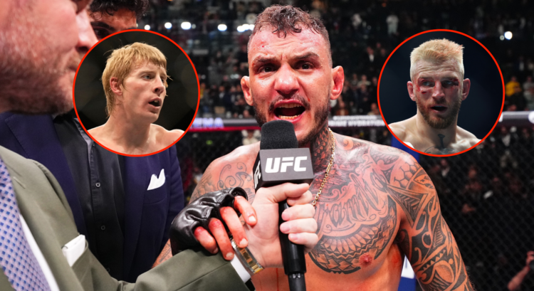 Main photo shows Renato Moicano on the microphone after UFC Paris. Left bubble shows Paddy Pimblett. Right bubble shows Dan Hooker