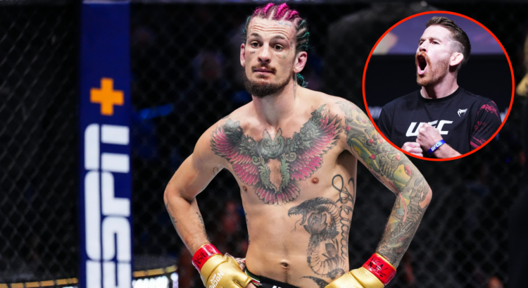 Sean O'Malley (left) following his loss at UFC 306 with a pop out image of Cory Sandhagen (right)