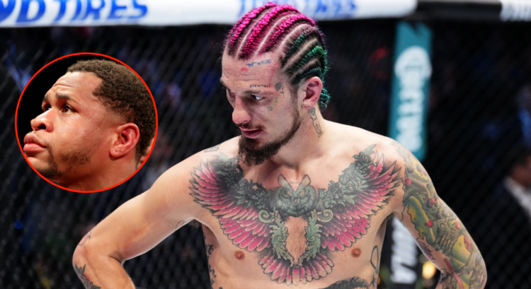 Sean O'Malley moments after his UFC 306 loss (right) with a pop out image of Devin Haney (left)