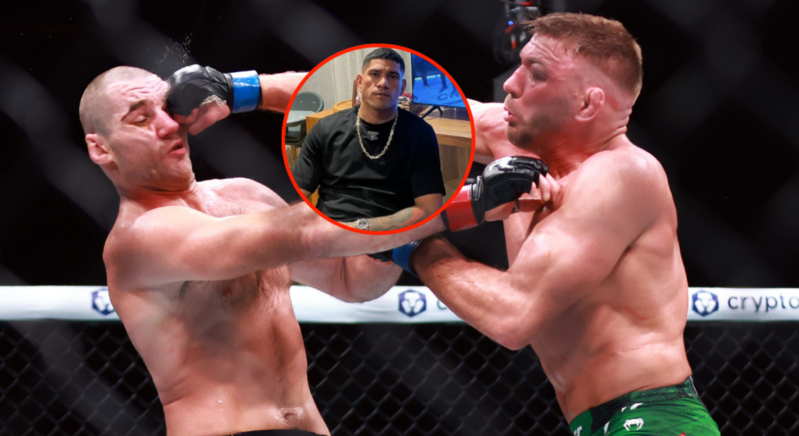 Main photo shows Sean Strickland taking a punch from Dricus Du Plessis. Bubble shows Alex Pereira