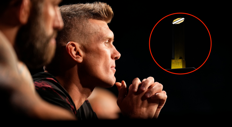 Stephen Thompson (left) during the UFC 291 press conference and the UFC Hall of Fame trophy (right)