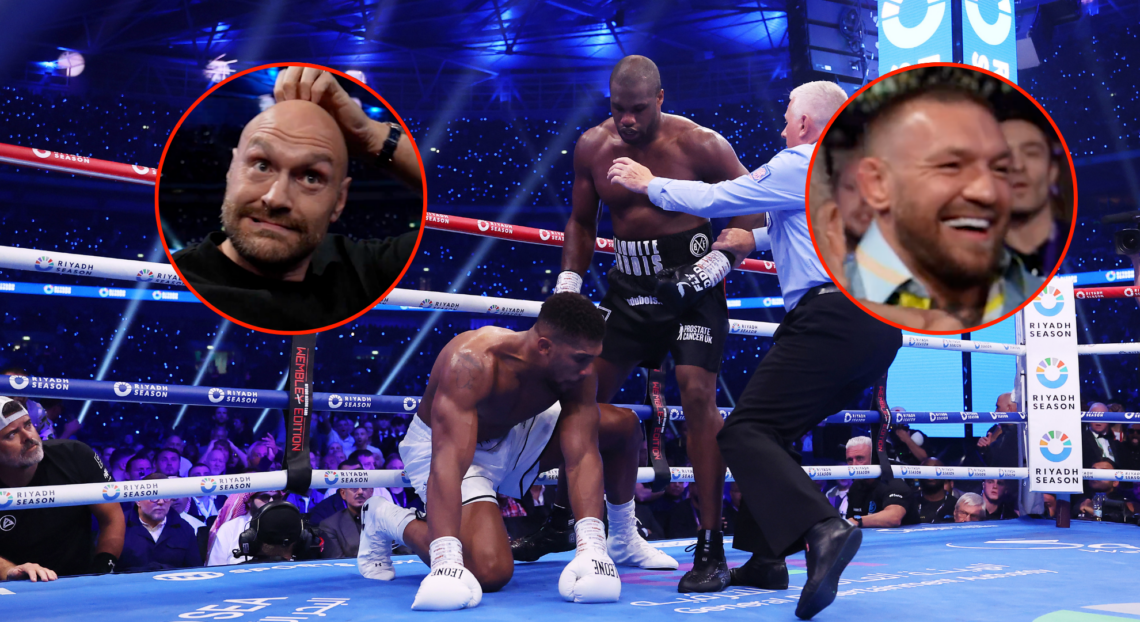 Main photo shows Daniel Dubois standing over Anthony Joshua in their boxing fight. Left bubble shows Tyson Fury perplexed. Right bubble shows Conor...
