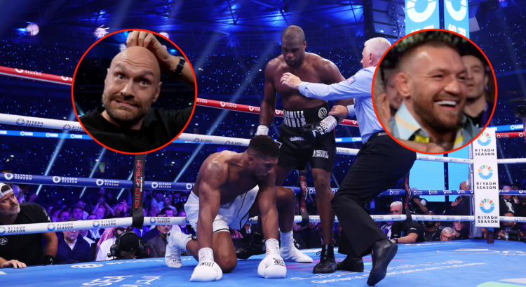 Main photo shows Daniel Dubois standing over Anthony Joshua in their boxing fight. Left bubble shows Tyson Fury perplexed. Right bubble shows Conor...