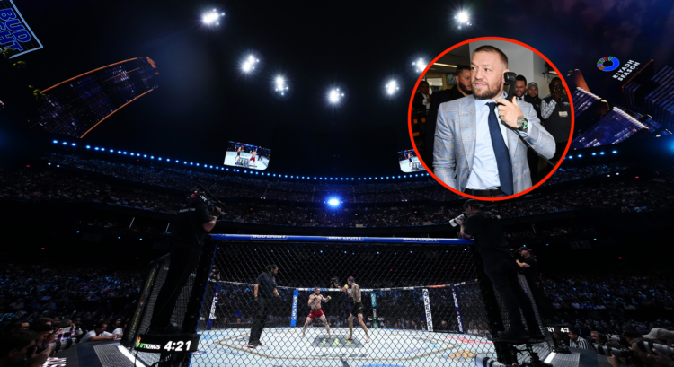 Main picture shows The Sphere for UFC 306. Bubble shows Conor McGregor speaking into a phone
