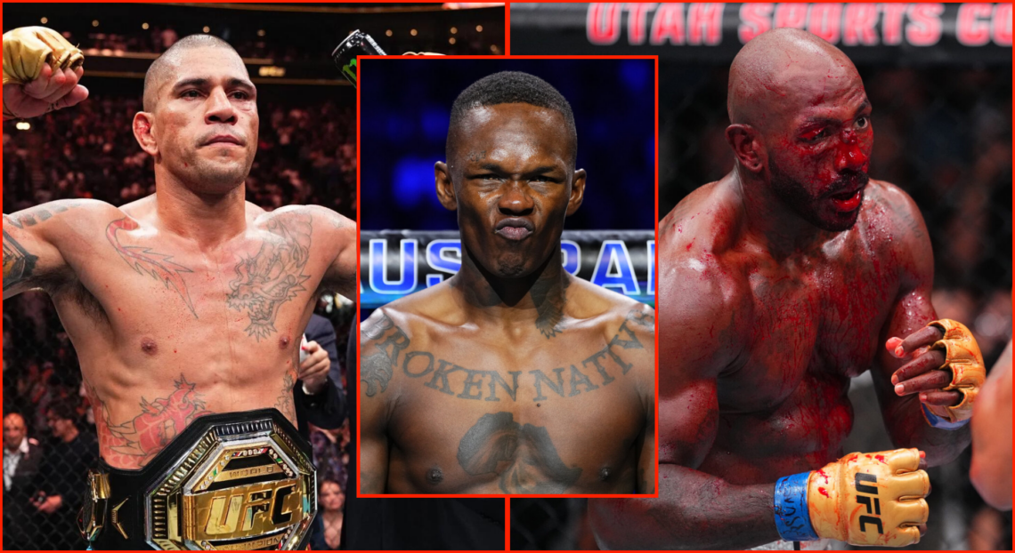 Pop out of Israel Adesanya at UFC 305, split between images of Alex Pereira and Khalil Rountree Jr at UFC 307