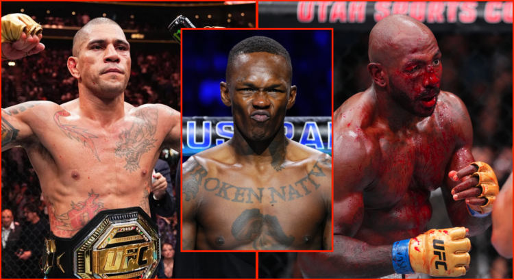 Pop out of Israel Adesanya at UFC 305, split between images of Alex Pereira and Khalil Rountree Jr at UFC 307