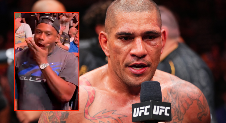 Jamahal Hill (left) reacting to Alex Pereira's UFC 307 win and Alex Pereira (right) talking to Joe Rogan following his win