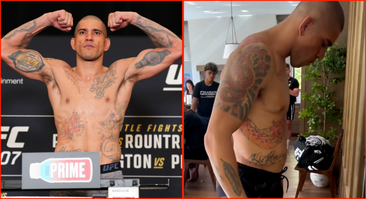 Alex Pereira (left) weighing in for UFC 307 and (right) weighing himself on fight day
