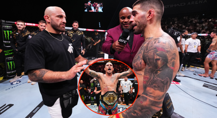 Alexander Volkanovski and Ilia Topuria face off following Topuria's UFC 308 win (main) and Alex Pereira following his UFC 307 win (bottom)
