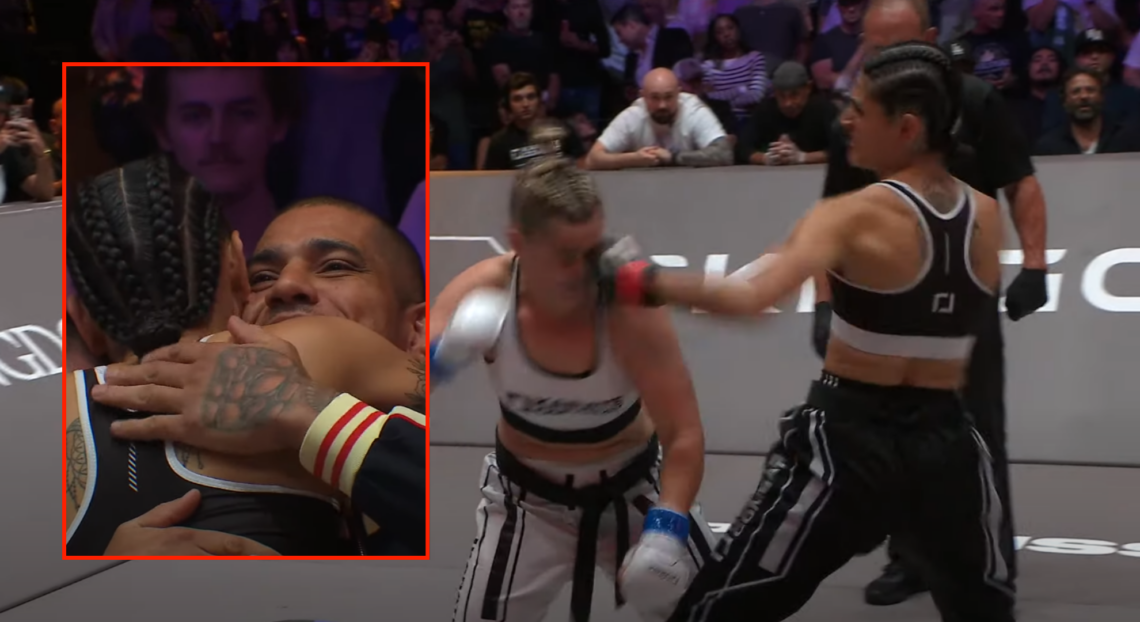 Side by side of Aline Pereira vs Dee Begley and Aline Pereira embracing brother Alex