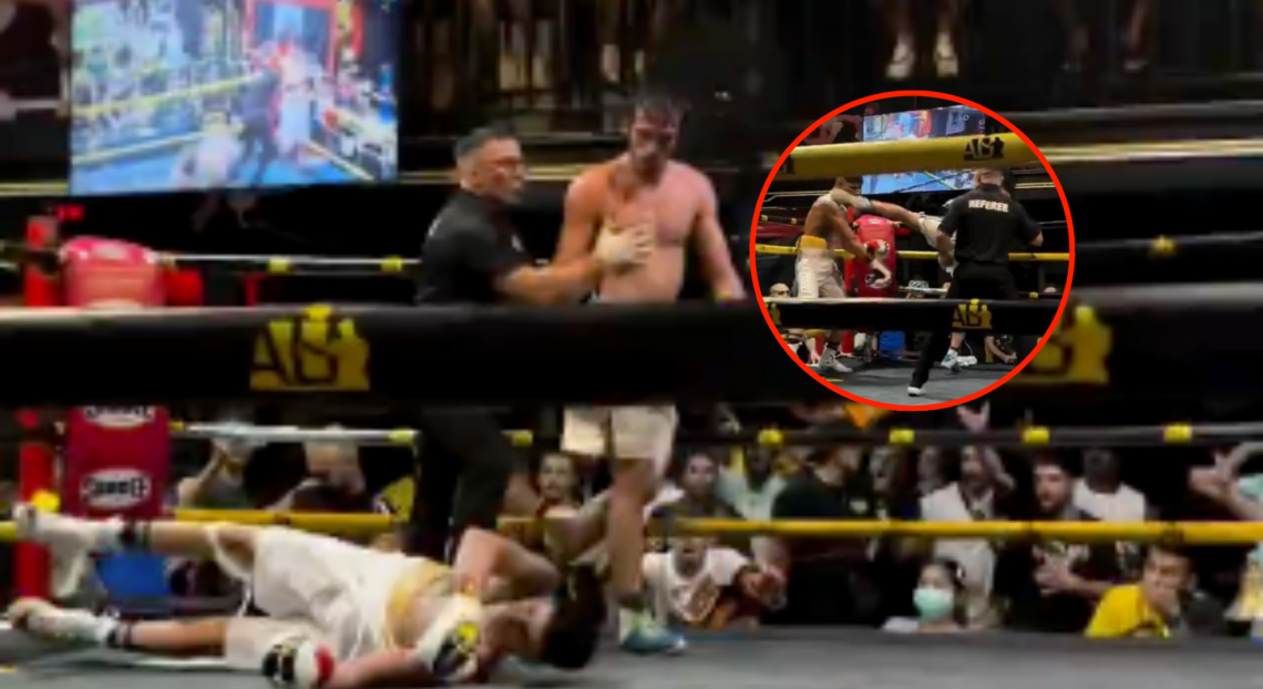 Main photo shows Idris Abdurashidov standing over his knocked out opponent. Bubble shows him throwing a head kick